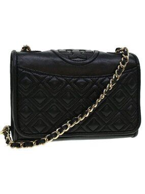 Authentic TORY BURCH Chain Shoulder Bag Leather Black
